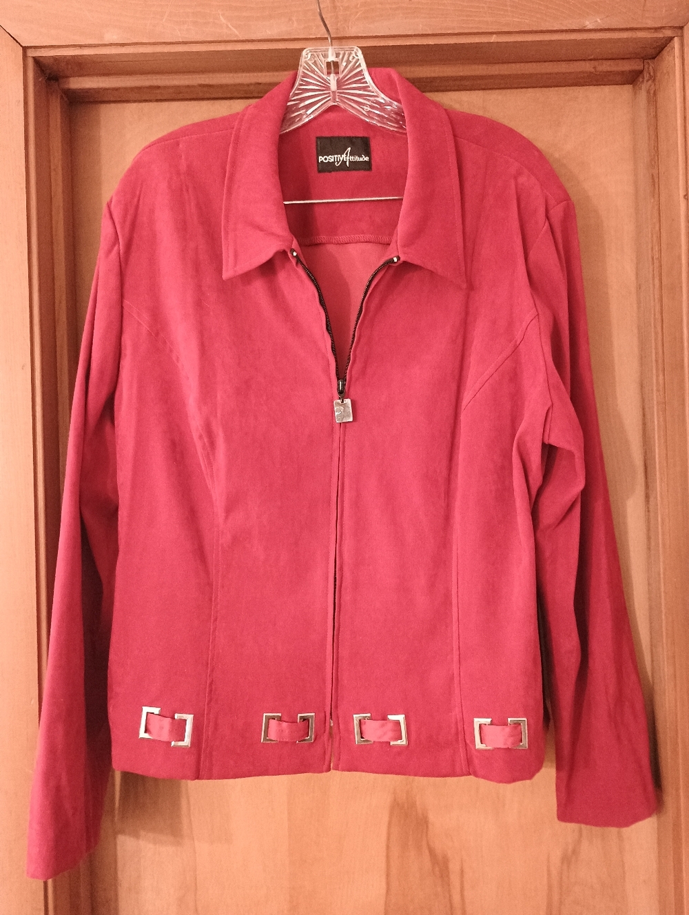 Positive Attitude Red lace up front grommet faux suede zip jacket Size 12-14.